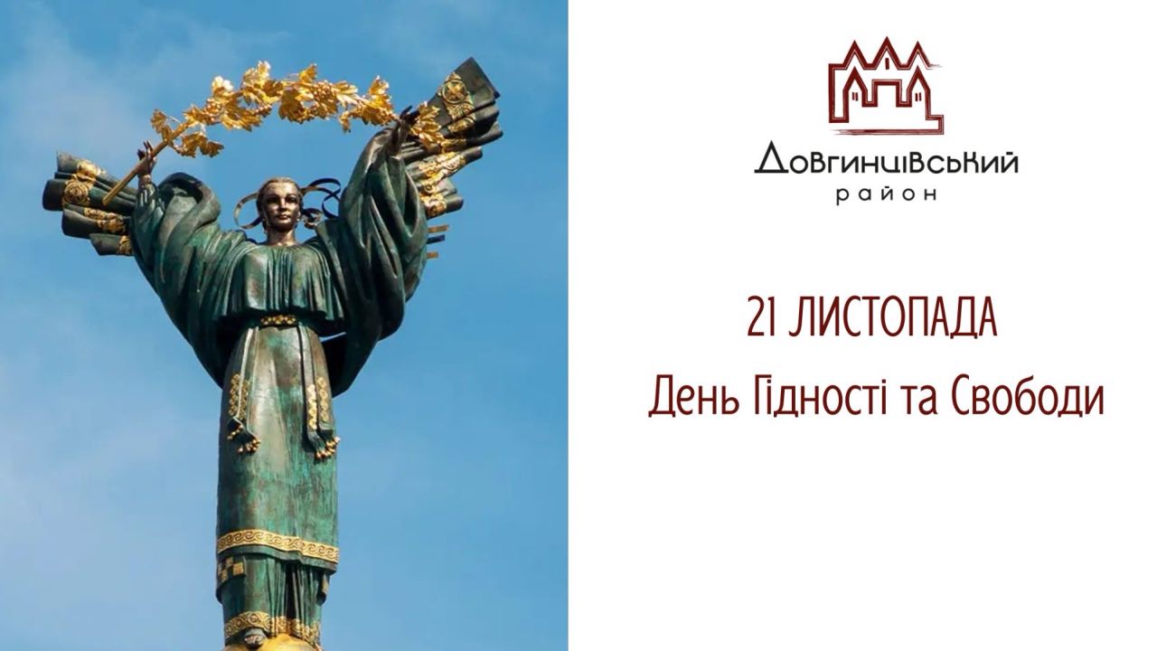 На зображенні показано пам'ятник Незалежності України в Києві, напис: 21 листопада День Гідності та Свободи