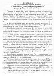 Інформація про стан законності та заходи її зміцнення на територіальній юрисдикції Криворізької місцевої прокуратури № 1 за шість місяців 2016 року