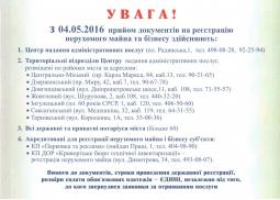 Увага! З 04.05.2016 прийом документів на реєстрацію нерухомого майна та бізнесу здійснюють