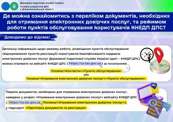 Де можна ознайомитись з переліком документів, необхідних для отримання електронних довірчих послуг, та режимом роботи пунктів обслуговування користувачів КНЕДП ДПС?